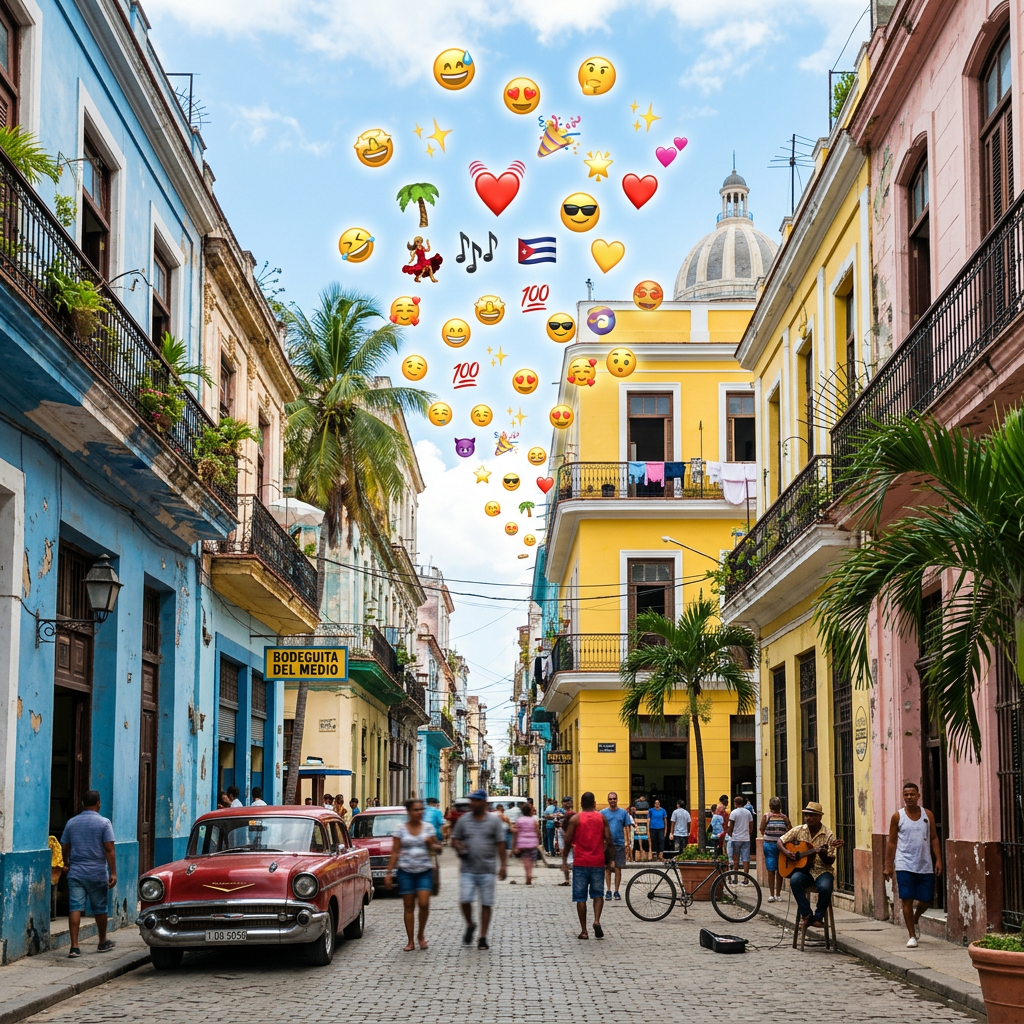 Crowded urban street in Havana with classic cars, pedestrians, and emojis in the sky
