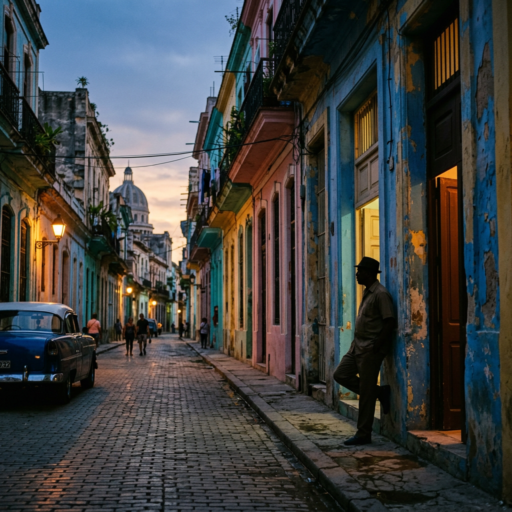 Man in hat leaning against blue building on cobblestone street at dusk in Havana