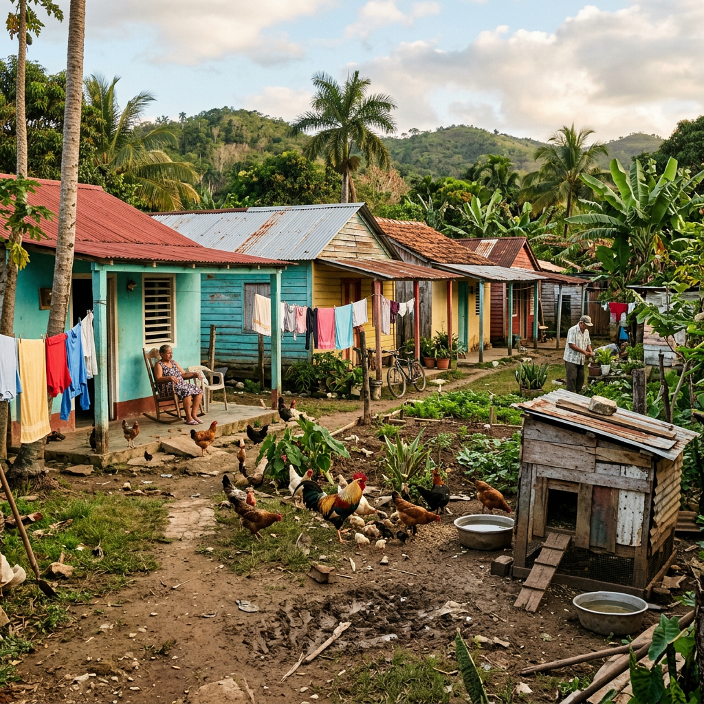 Colorful rural houses with gardens, chickens, and people outside