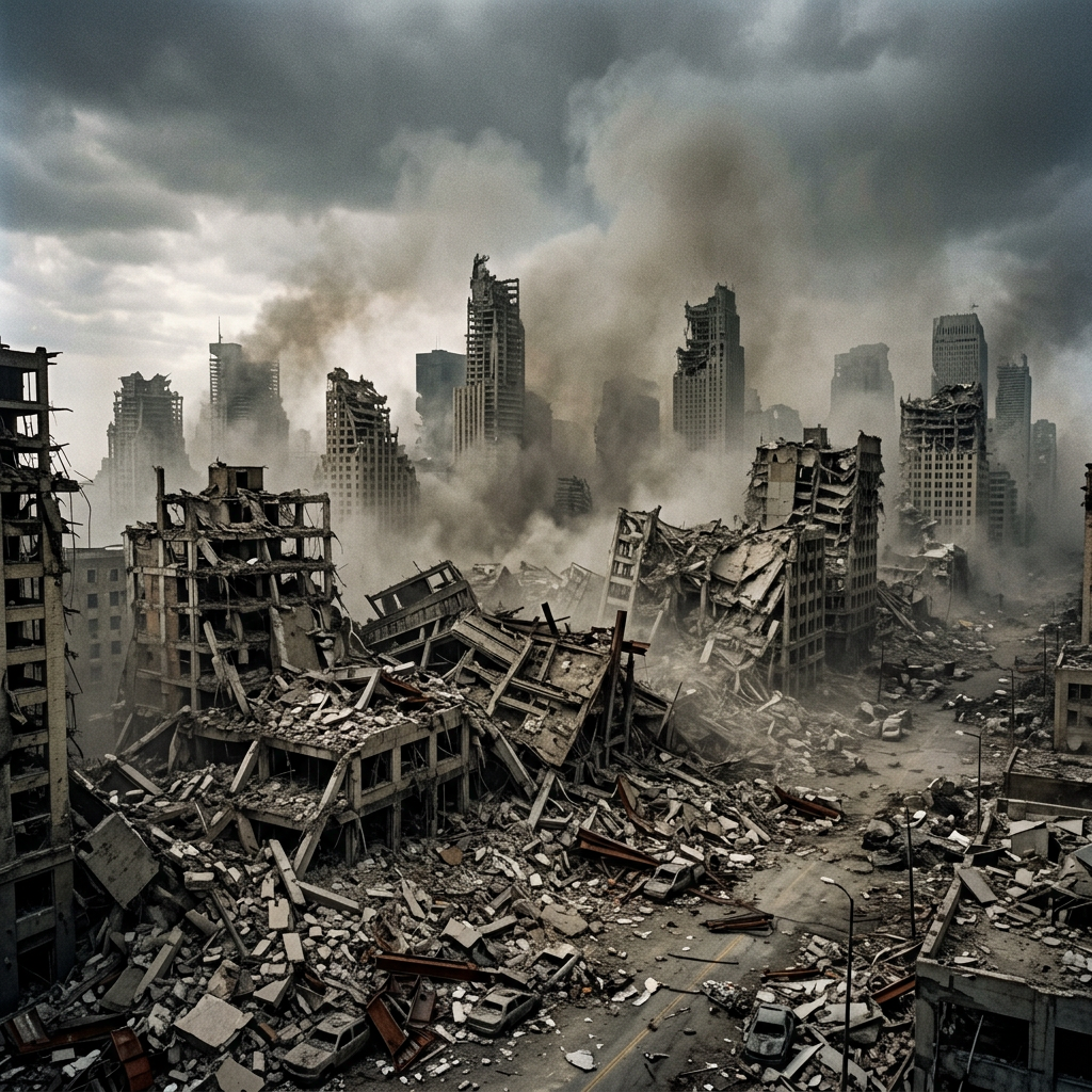 Cityscape with collapsed buildings and heavy smoke in a destroyed urban area