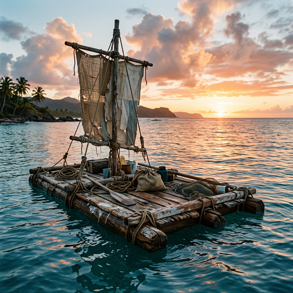 Weathered wooden raft with a small sail floating at tropical sunset
