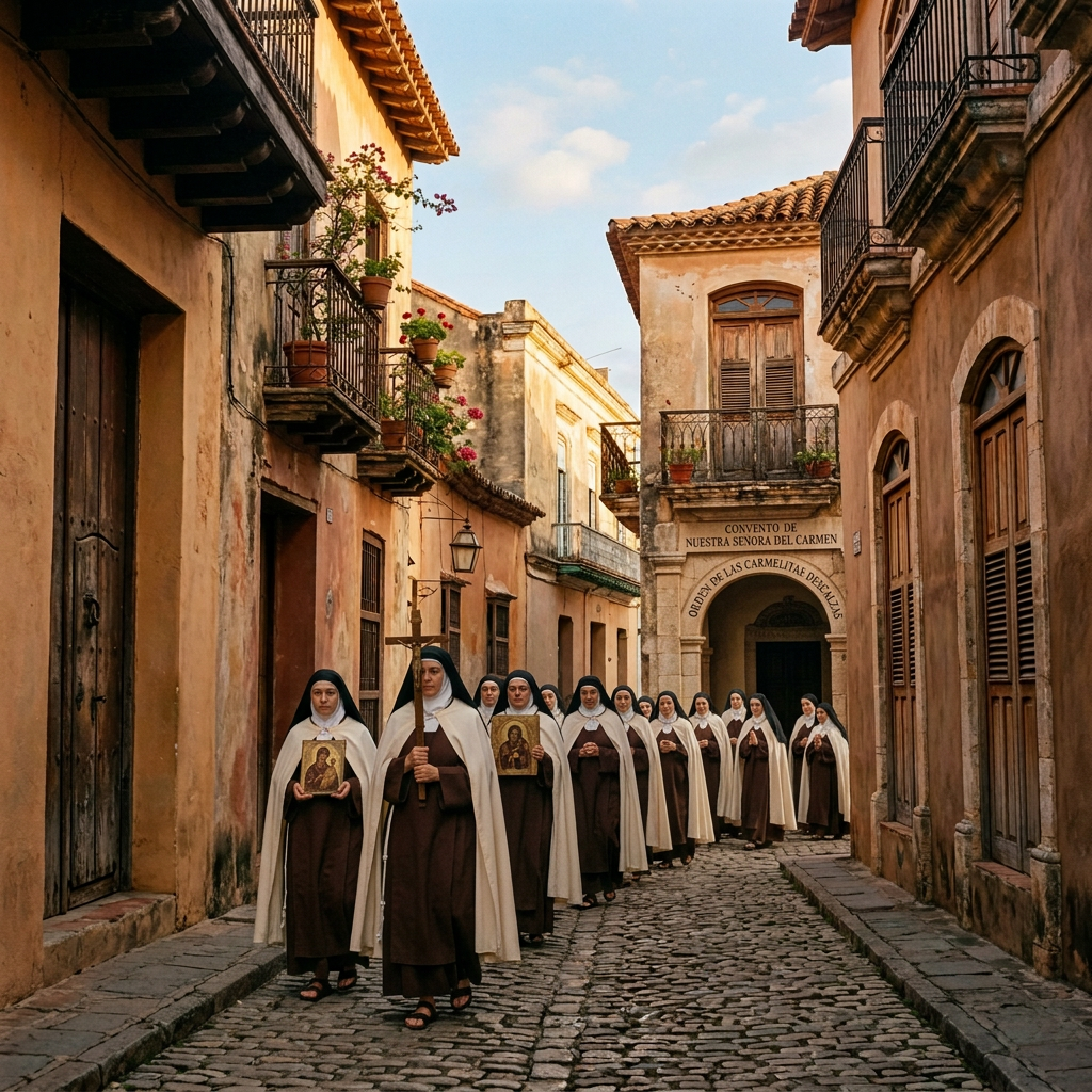 Narrow cobblestone street lined with historic homes and flower-filled balconies