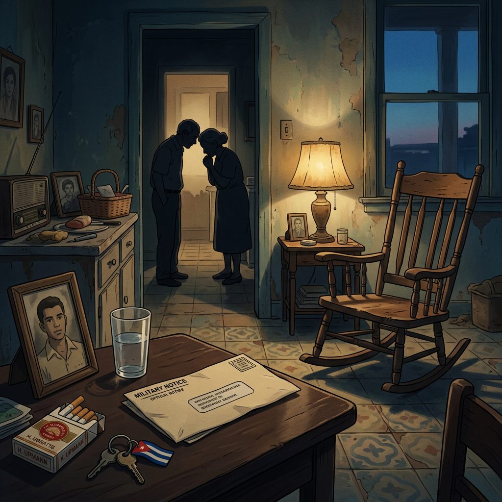 Military notice on table, keys, portraits, rocking chair, lamp, and two people whispering