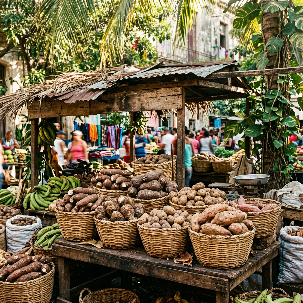 Baskets of root vegetables and plantains at a crowded tropical market stall